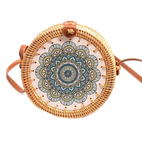 hand-woven round rattan tote with colorful pattern shoulder bag