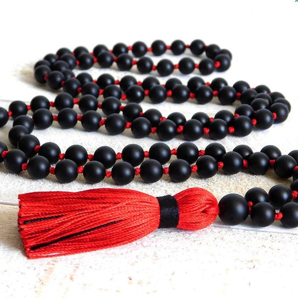 108 beads mala necklace handmade tassel jewelry for 8mm matte black onyx hand knotted necklace with red tassel, Silver
108 beads mala necklace handmade tassel jewelry for 8mm matte black onyx hand knotted necklace with red tassel, Silver