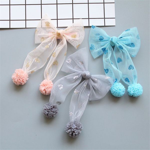 

10pcs/lot boutique sweet gauze pom pom hair bow hairpins solid bowknot hair clips princess headwear fashion accessories, Slivery;white