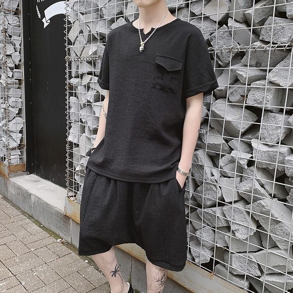 chinese style summer mens loose fit casual two piece outfits short sleeve pullover pockets t-shirts elastic waist cross shorts, Gray
chinese style summer mens loose fit casual two piece outfits short sleeve pullover pockets t-shirts elastic waist cross shorts, Gray