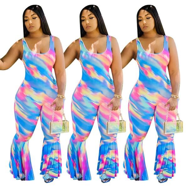 

Colorful Gradients Printing Flare Jumpsuits 2020 Summer Sleeveless Scoop Neck Skinny Bell Bottom Pants Rompers Full Length New