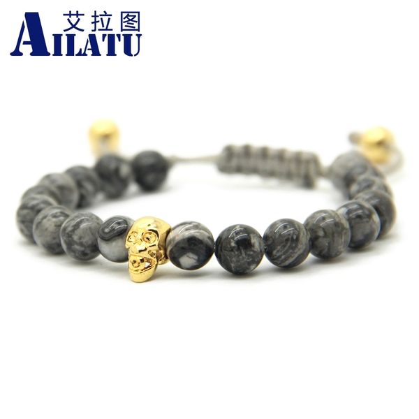 ailatu retail 8mm grey picture stone beads with gold-color plated macrame skull bracelet men jewelry, Golden;silver
ailatu retail 8mm grey picture stone beads with gold-color plated macrame skull bracelet men jewelry, Golden;silver