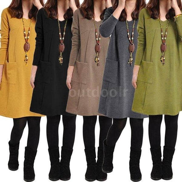 плюс размер платья осень платье женщин плюс размер длинные рукава карманы solid v шеи сыпучие casual cotton платье s - 5xl, Black;gray 
плюс размер платья осень платье женщин плюс размер длинные рукава карманы solid v шеи сыпучие casual cotton платье s - 5xl, Black;gray