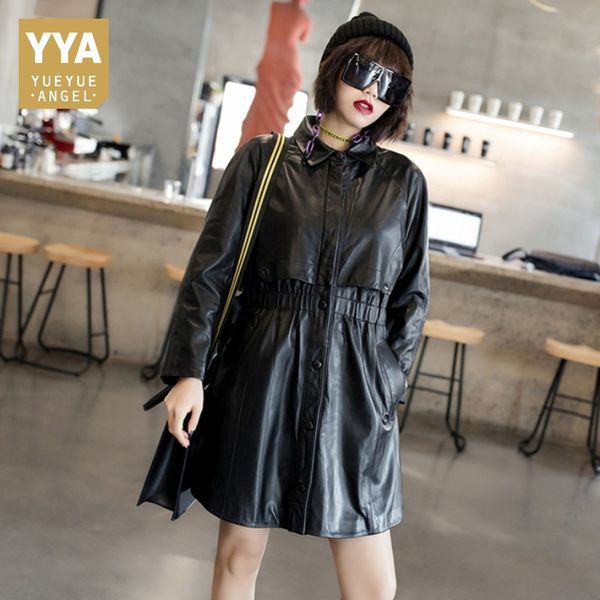 2019 spring designer elastic waist sheepskin genuine real leather long jackets women casual long sleeve leather coats streetwear, Black
2019 spring designer elastic waist sheepskin genuine real leather long jackets women casual long sleeve leather coats streetwear, Black