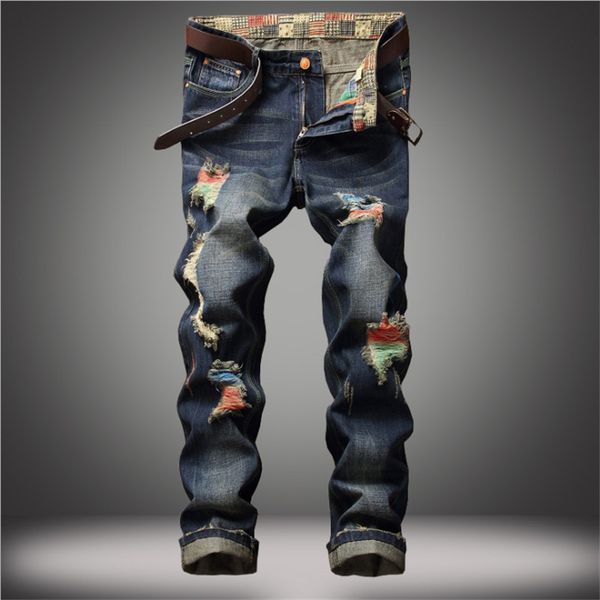 men jeans hip hop cool streetwear biker hole ripped jean patchwork retro pants slim classic denim motorcycle design trousers, Blue
men jeans hip hop cool streetwear biker hole ripped jean patchwork retro pants slim classic denim motorcycle design trousers, Blue