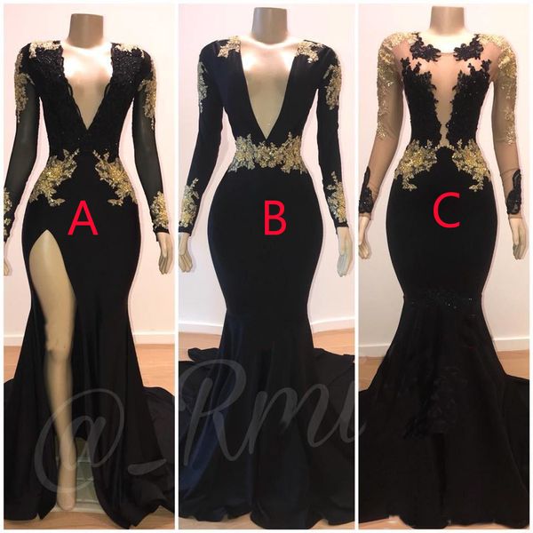 2019 Sexy Deep V Neck Black Mermaid Prom Dresses Sheer Long Sleeves Lace Gold Appliqued Evening Dresses Party Wear Gowns Custom Made
2019 Sexy Deep V Neck Black Mermaid Prom Dresses Sheer Long Sleeves Lace Gold Appliqued Evening Dresses Party Wear Gowns Custom Made