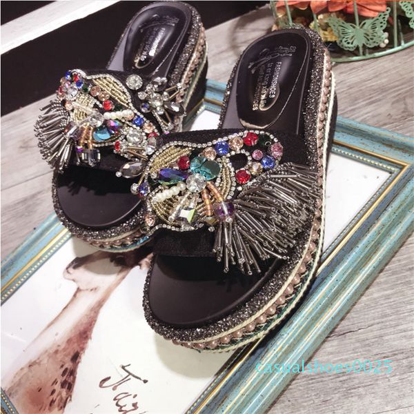 homemade heavy art exaggerated color rhinestone tassel beaded sequins thai platform slippers sandals c25, Black
homemade heavy art exaggerated color rhinestone tassel beaded sequins thai platform slippers sandals c25, Black