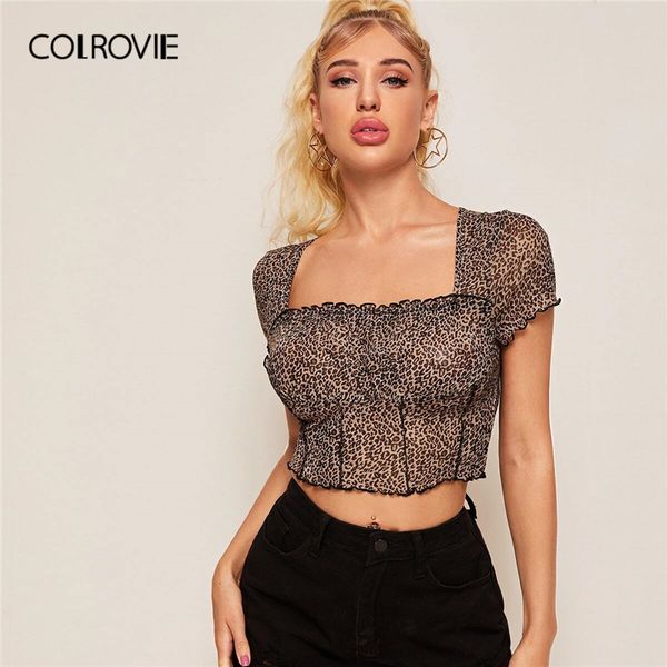 colrovie lettuce trim seam front leopard mesh crop women t-shirts summer square neck short sleeve slim fitted, White 
colrovie lettuce trim seam front leopard mesh crop women t-shirts summer square neck short sleeve slim fitted, White