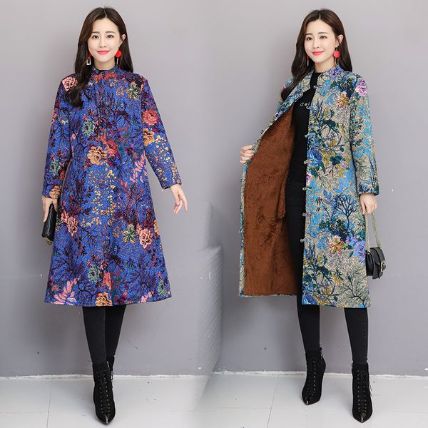 2019 autumn and winter large size retro national style printed cotton linen brushed and thick frog hat coat, Blue;black
2019 autumn and winter large size retro national style printed cotton linen brushed and thick frog hat coat, Blue;black