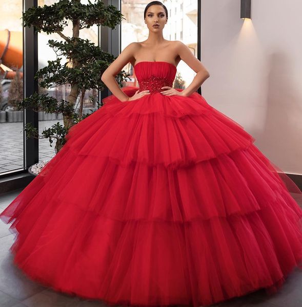 gorgeous red tiered ball gown wedding dresses strapless neck beaded bridal gowns sleeveless plus size sweep train tulle vestidos de novia, White 
gorgeous red tiered ball gown wedding dresses strapless neck beaded bridal gowns sleeveless plus size sweep train tulle vestidos de novia, White