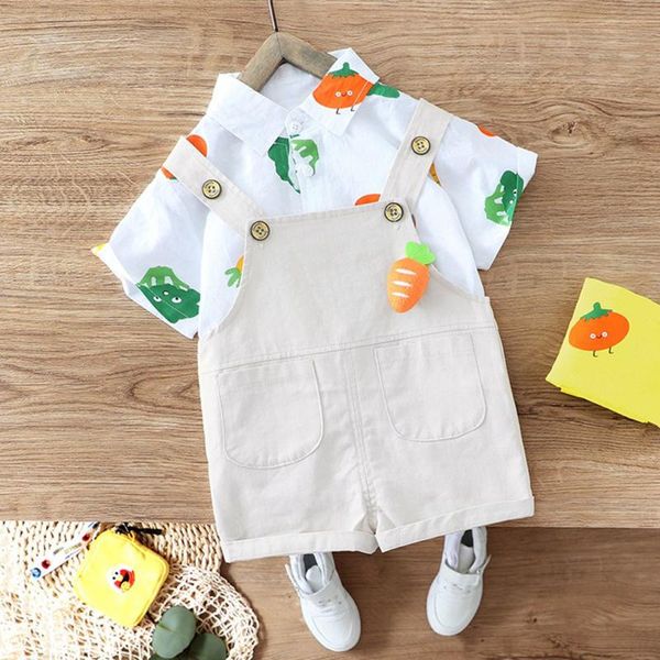 summer girls boys clothes set printed carrot shirt +overalls pants 2pcs kids children baby infants costume outfits s10817, White