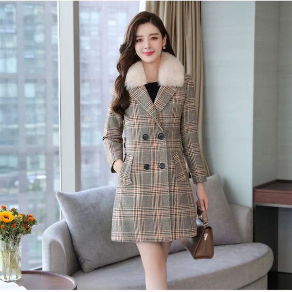 new 2018 women plaid long elegant winter wool blend coats ladies casual warm double breasted fur turn down collar outwear, Black
new 2018 women plaid long elegant winter wool blend coats ladies casual warm double breasted fur turn down collar outwear, Black