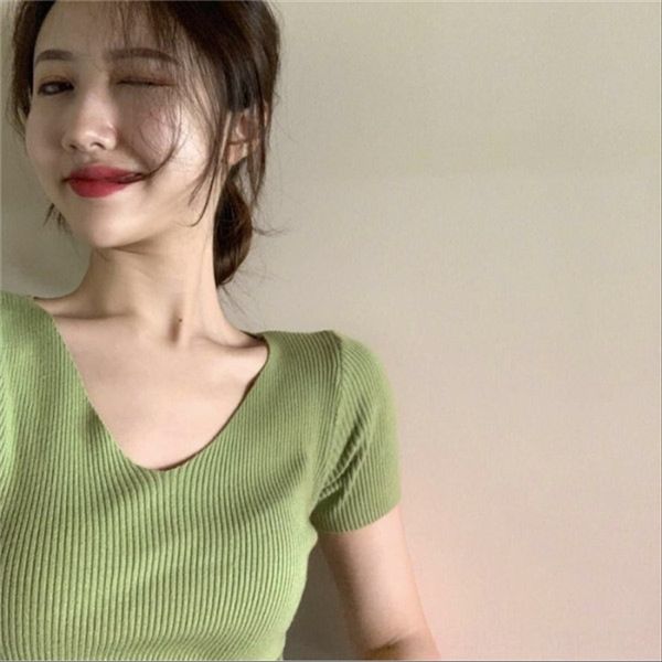 elegant style summer 2019chic slim and slim v-neck base shirt short-sleeved t-shirt all-match knitwear female, White