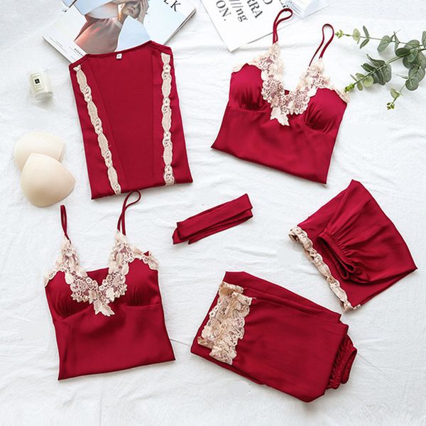 5 pieces pajamas set lace satin silk sleepwear women summer spring fashion pajamas for women robe sleep lounge, Black;red
5 pieces pajamas set lace satin silk sleepwear women summer spring fashion pajamas for women robe sleep lounge, Black;red
