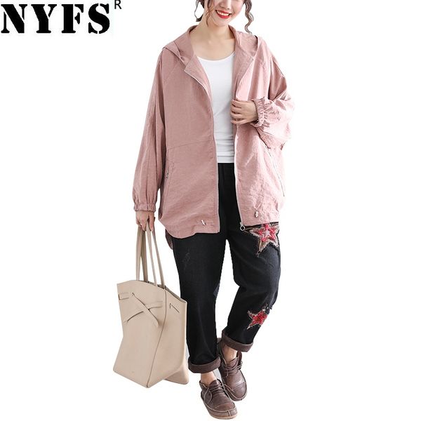 nyfs 2019 new spring autumn literary large size zipper thin hooded coat, Black