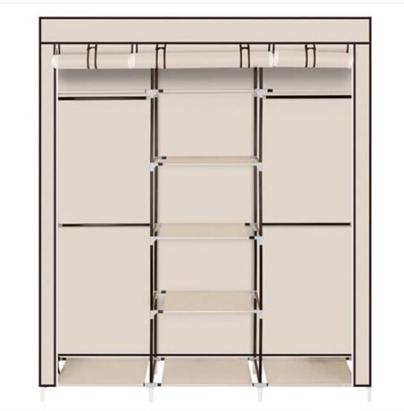 69" Portable Clothes Closet Non-woven Fabric Wardrobe Double Rod Storage Organizer Beige