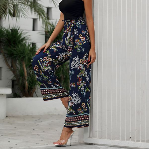 summer bohemian blue straight pants women ropa mujer floral grass pattern long elastic trousers with belt, Black;white
summer bohemian blue straight pants women ropa mujer floral grass pattern long elastic trousers with belt, Black;white