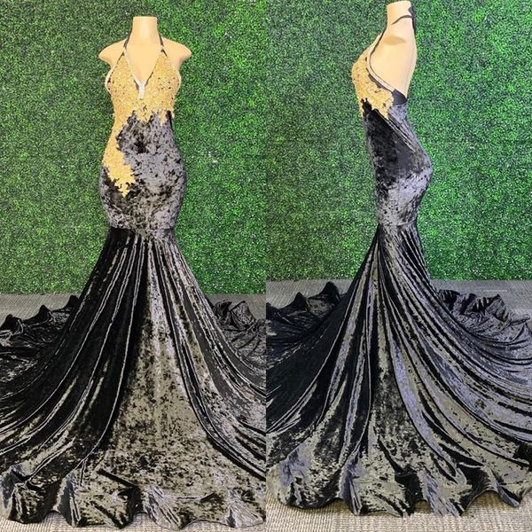 2020 black velvet mermaid prom dresses backless with gold appliques african black girl party dress
2020 black velvet mermaid prom dresses backless with gold appliques african black girl party dress