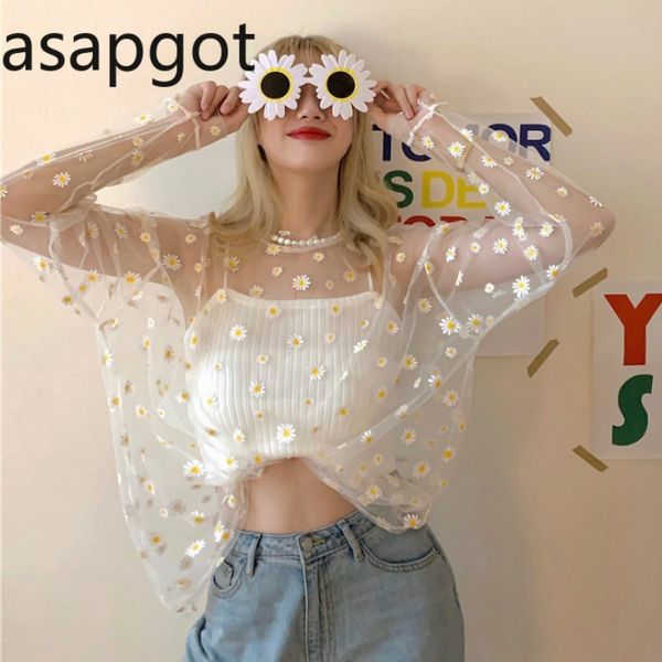 summer thin daisy mesh chiffon shirts transparent floral printed long sleeve blouse female korean chic wild loose sunscreen, White
summer thin daisy mesh chiffon shirts transparent floral printed long sleeve blouse female korean chic wild loose sunscreen, White