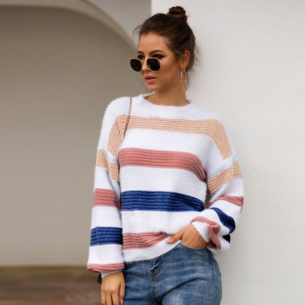 2019 autumn winter long sleeve streped print rainbow sweaters cashmere knit sweater women loose pullover korean sweater clothes, White;black
2019 autumn winter long sleeve streped print rainbow sweaters cashmere knit sweater women loose pullover korean sweater clothes, White;black
