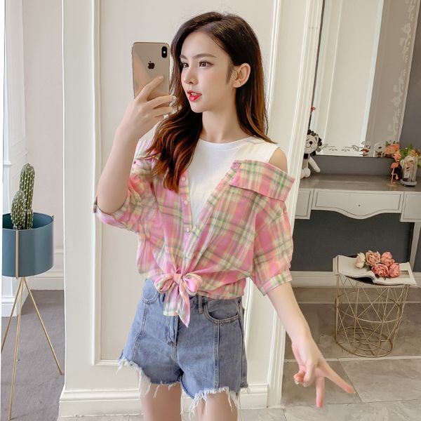 chic contrast color stitching plaid shirts summer loose checked blouses single-breasted casual o neck blusas student hallow out, White
chic contrast color stitching plaid shirts summer loose checked blouses single-breasted casual o neck blusas student hallow out, White