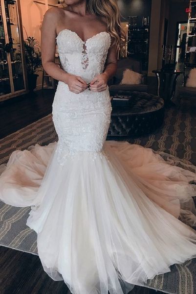 sweetheart women long mermaid lace wedding dresses lace up back chapel sweet train tulle bridal gowns custom made, White
sweetheart women long mermaid lace wedding dresses lace up back chapel sweet train tulle bridal gowns custom made, White