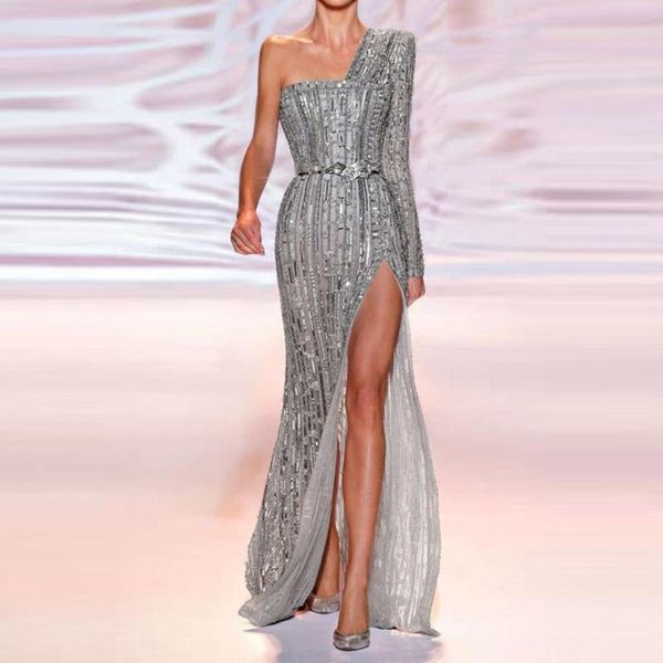 silver bodycon sequin dress women vestidos 2020 elegant one shoulder long maxi celebrity runway party dresses 1008, Black;gray 
silver bodycon sequin dress women vestidos 2020 elegant one shoulder long maxi celebrity runway party dresses 1008, Black;gray