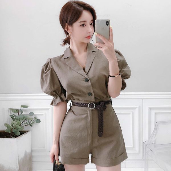 korea summer notched puff short sleeve women's cloth khaki sashes casual jumpsuits female office playsuits, Black;white
korea summer notched puff short sleeve women's cloth khaki sashes casual jumpsuits female office playsuits, Black;white