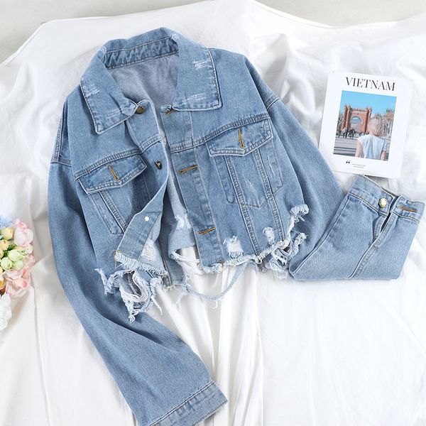 women jacket solid color denim autumn winter handsome hole short chic style new retro coat 2020, Black;brown
women jacket solid color denim autumn winter handsome hole short chic style new retro coat 2020, Black;brown