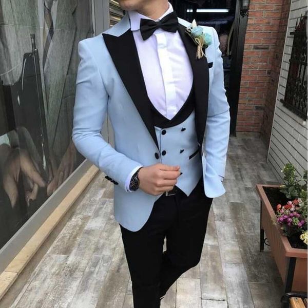light blue wedding tuxedos peaked lapel slim fit groomsmen blazer mens suits 3 piece prom party suits (jacket+pants+vest+tie), Black;gray 
light blue wedding tuxedos peaked lapel slim fit groomsmen blazer mens suits 3 piece prom party suits (jacket+pants+vest+tie), Black;gray