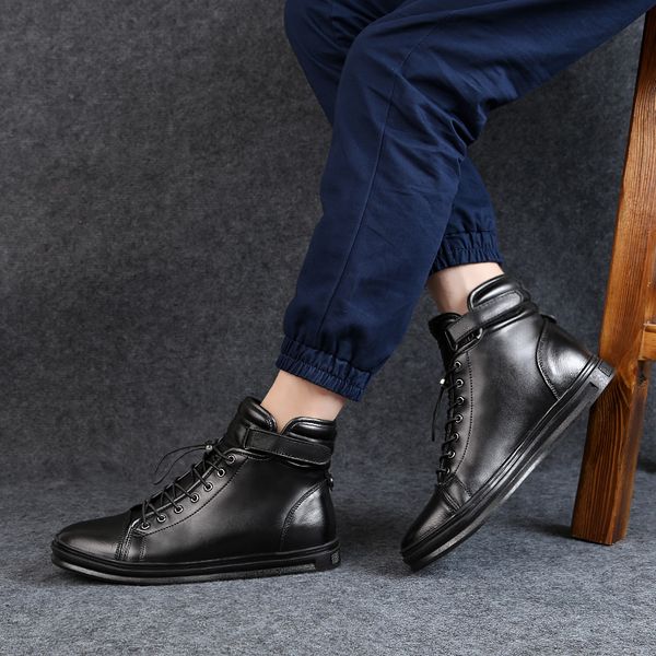 mring high men'sautumn and winter men's shoes sports shoes men's casual shoes wild leather cotton s men's high, Black