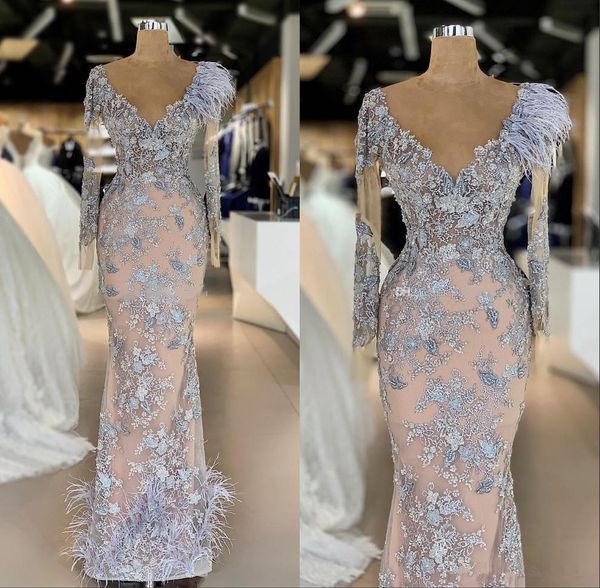 gorgeous silver mermaid prom dresses lace appliques beads sheer long sleeves evening gowns with feather floor length formal party dress, Black
gorgeous silver mermaid prom dresses lace appliques beads sheer long sleeves evening gowns with feather floor length formal party dress, Black