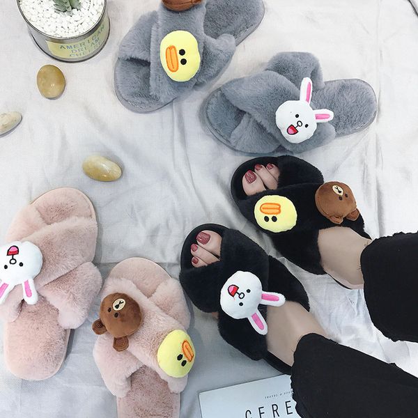 women/girl's and bear fur slippers cross band home slides shoes woman small duck pendant fur flip flops pantufa s356, Black
women/girl's and bear fur slippers cross band home slides shoes woman small duck pendant fur flip flops pantufa s356, Black