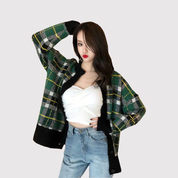 2018 autumn and winter check long-sleeved casual sweater cardigan retro plaid knit cardigan coat female, White;black
2018 autumn and winter check long-sleeved casual sweater cardigan retro plaid knit cardigan coat female, White;black