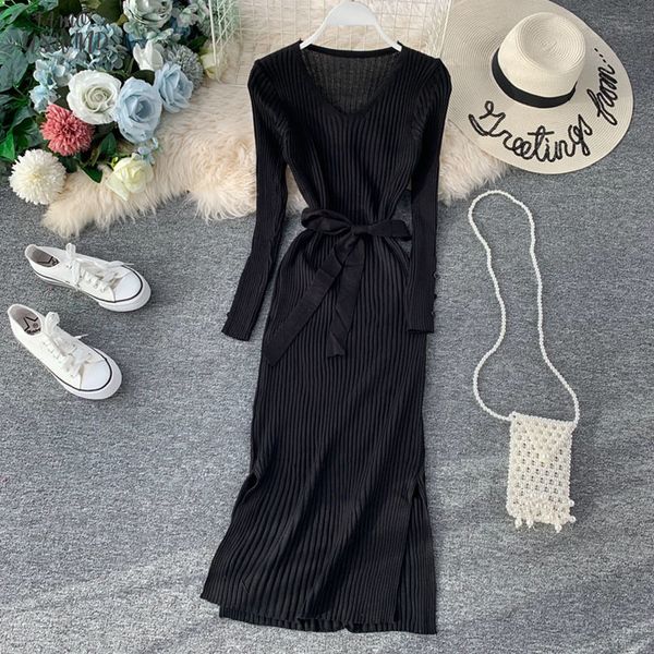 elegant v neck split midi dress 2020 autumn winter women knitted sweater dress button long sleeve sashes bodycon dress, Black;gray
elegant v neck split midi dress 2020 autumn winter women knitted sweater dress button long sleeve sashes bodycon dress, Black;gray