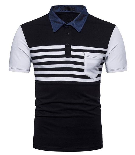 men's polos zogaa summer men striped shirt denim neckline splicing short sleeve cotton male business casual slim para, White;black
men's polos zogaa summer men striped shirt denim neckline splicing short sleeve cotton male business casual slim para, White;black