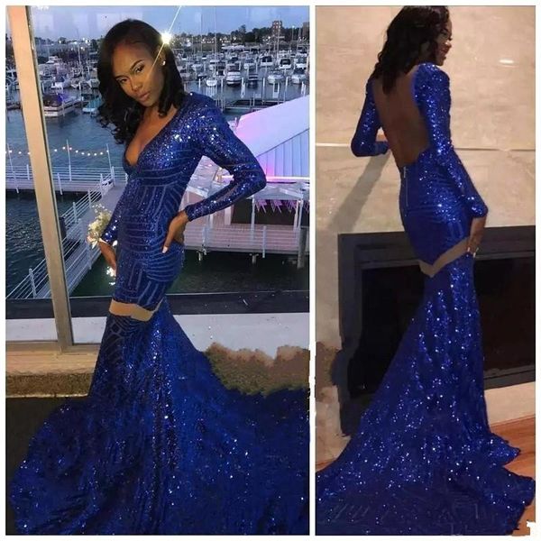 2019 royal blue sequins mermaid long prom dresses deep v neck backless formal party evening gowns robes de soirée bc1282, Black