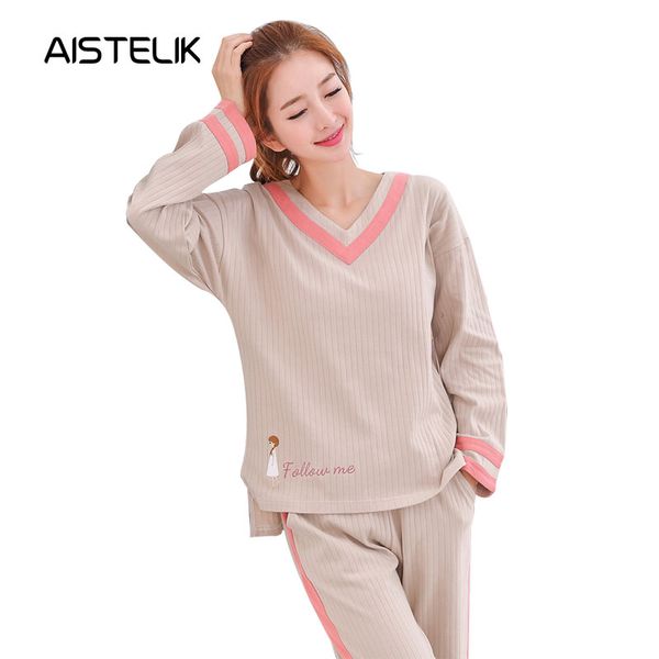 new pajamas women spring and autumn long-sleeved cotton striped home service v-neck fashion pajamas set no static comfortable, Blue;gray
new pajamas women spring and autumn long-sleeved cotton striped home service v-neck fashion pajamas set no static comfortable, Blue;gray