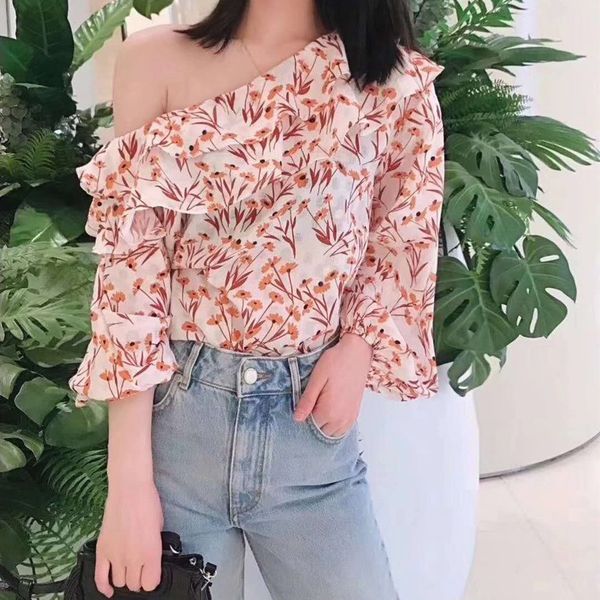 women shirt spring / summer 2020 women's diagonal print shirt ruffle, White 
women shirt spring / summer 2020 women's diagonal print shirt ruffle, White