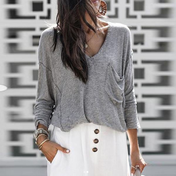 women's t-shirt fall loose t shirt women v neck pocket ladies fashion elegant long sleeve casual d30, White
women's t-shirt fall loose t shirt women v neck pocket ladies fashion elegant long sleeve casual d30, White