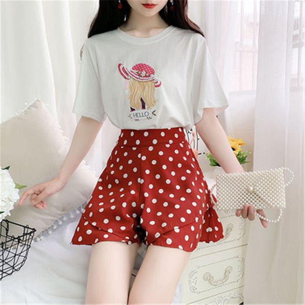 summer korea lovely girl 2 piece set fashion beading cartoon girl print short sleeve t-shirt+polka dot wide leg short pants set, White
summer korea lovely girl 2 piece set fashion beading cartoon girl print short sleeve t-shirt+polka dot wide leg short pants set, White