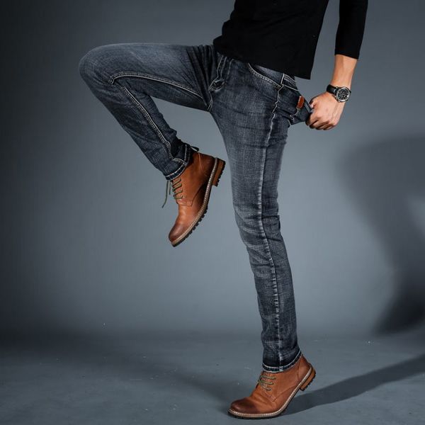 

men's jeans men midweigth elÃ¡stico spandex denim pantalones vaqueros de ajuste delgado para hombres negocios jean azul y negro colores, Blue