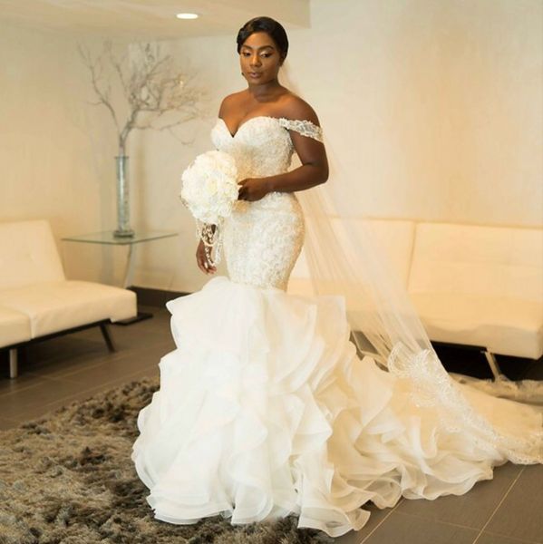 charming mermaid lace wedding dresses off the shoulder beaded bridal gowns court train ruffled skirt sequined vestido de novia, White
charming mermaid lace wedding dresses off the shoulder beaded bridal gowns court train ruffled skirt sequined vestido de novia, White