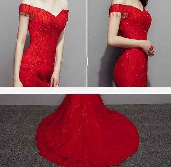 2019 new red evening dresses mermaid court train bridal gowns lace with shining sequins lace-up back long runway gowns, Black;red
2019 new red evening dresses mermaid court train bridal gowns lace with shining sequins lace-up back long runway gowns, Black;red