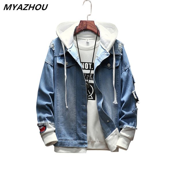 men's denim jacket 2019 stitching fake two-piece hole embroidery hooded jacket fashion men's hip hop casual loose s-3xl, Black;brown
men's denim jacket 2019 stitching fake two-piece hole embroidery hooded jacket fashion men's hip hop casual loose s-3xl, Black;brown