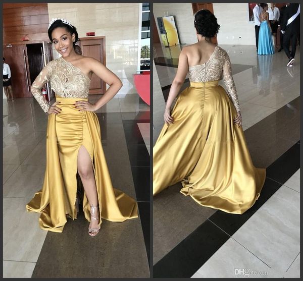 new satin a line evening gowns with side split zipper back sweep train party dress long sleeves vestidos lace one shoulder prom dresses gown, Black
new satin a line evening gowns with side split zipper back sweep train party dress long sleeves vestidos lace one shoulder prom dresses gown, Black