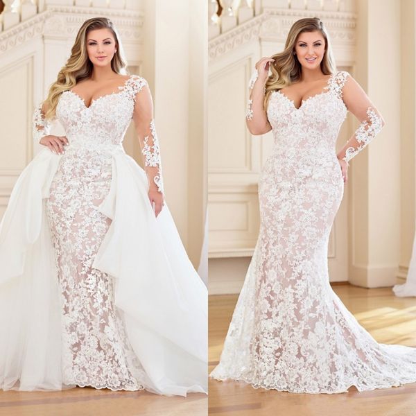 

stunning plus size mermaid lace wedding dresses with detachable train long sleeves bridal gowns sweetheart neck trumpet vestidos de novia, White