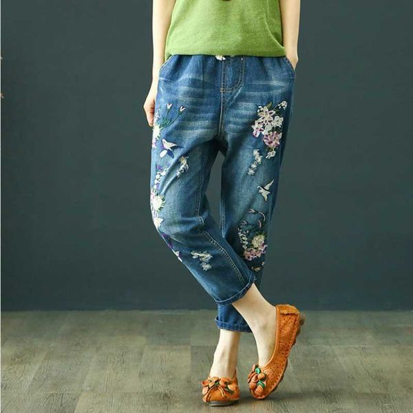 women summer pants casual vintage embroidery trousers for ladies ripped high waist drawstring harem denim calf length jeans, Blue
women summer pants casual vintage embroidery trousers for ladies ripped high waist drawstring harem denim calf length jeans, Blue