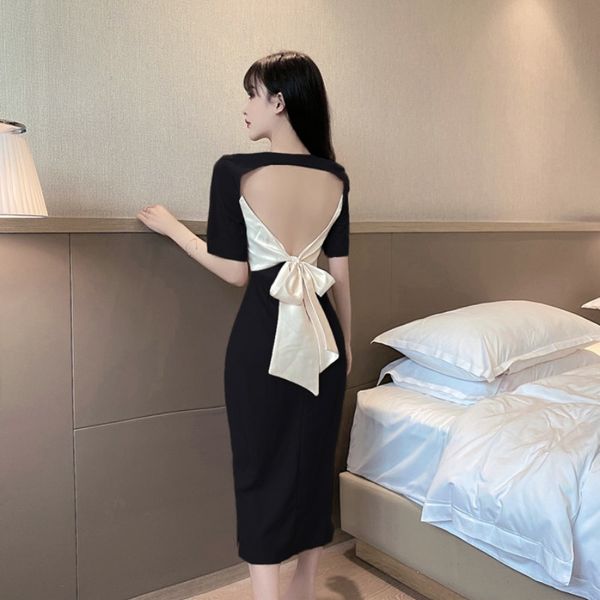 scheming backless dress 2020 summer new french elegant temperament bow gentle wind dress female, White;black
scheming backless dress 2020 summer new french elegant temperament bow gentle wind dress female, White;black