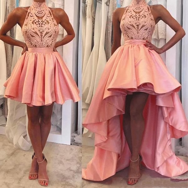 2019 girls detachable skirt prom dresses short halter neckline guipure lace and satin peach high low prom gowns evening dresses, Black
2019 girls detachable skirt prom dresses short halter neckline guipure lace and satin peach high low prom gowns evening dresses, Black
